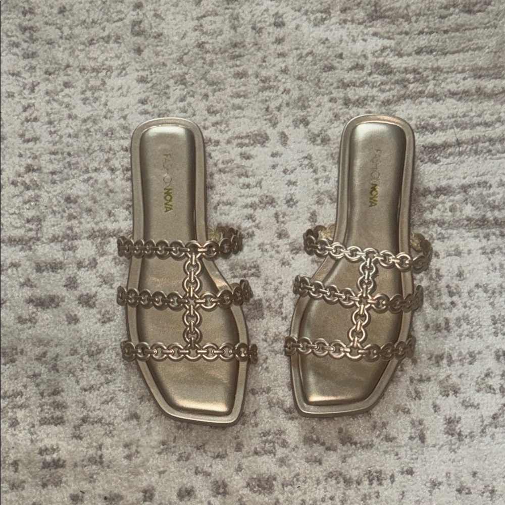 Metallic Gold Chain-Strip Slide Sandals